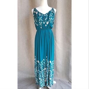 Apricot Aquamarine Maxi Dress Teal Floral Sleeveless Vacation Cruise Size 10 EUC